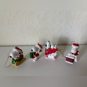 Vintage Snoopy Christmas Ornaments PVC Sled Dog House Gift Chimney Set of 4